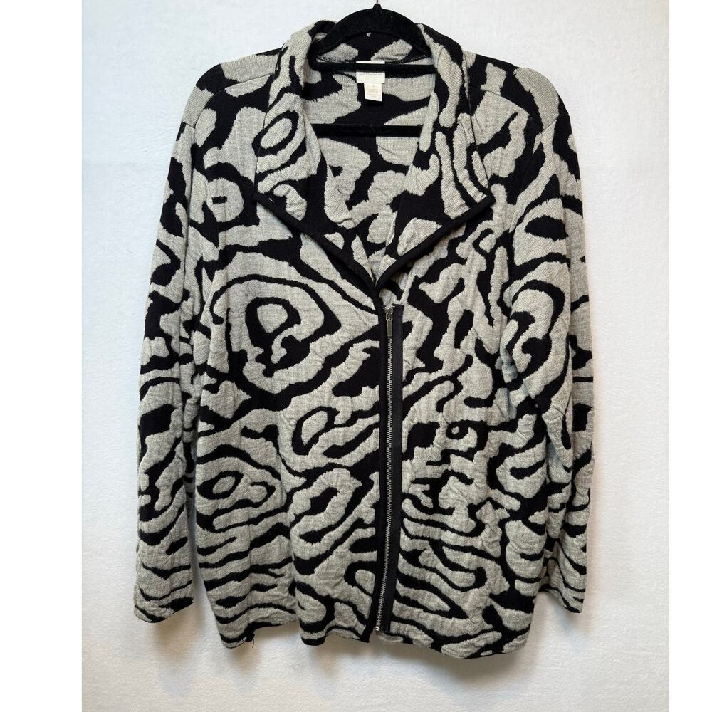 Chico's Patterned Wool Blend Full Zip Cardigan, Size 3